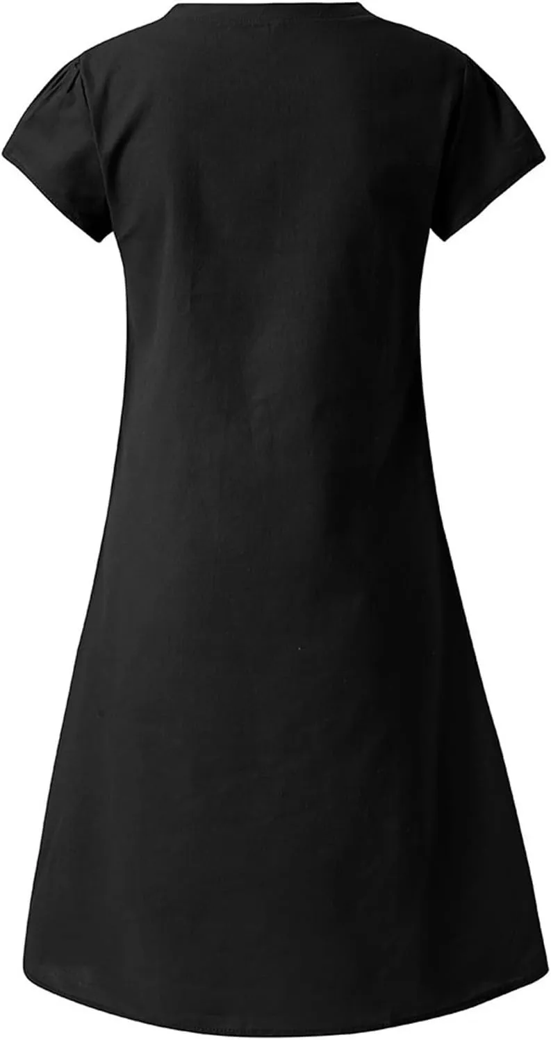 Linen Summer Dresses for Women Loose Size Short Sleeve Boho Midi Sundresses Cotton V Neck Basic Casual Outfits