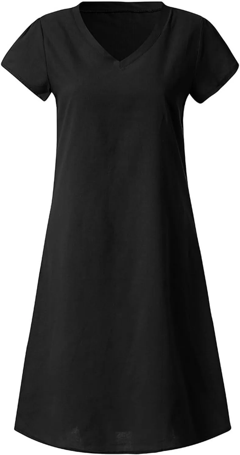 Linen Summer Dresses for Women Loose Size Short Sleeve Boho Midi Sundresses Cotton V Neck Basic Casual Outfits