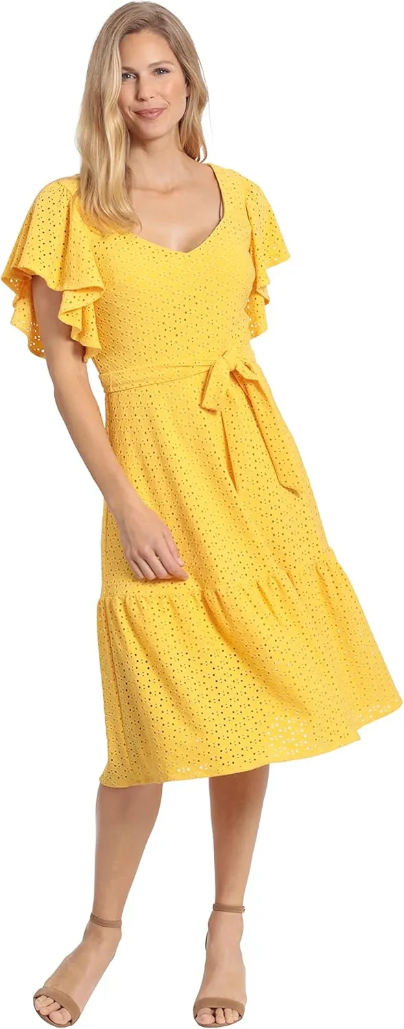 London Times Women's Knit Eyelet Flutter Sleeve Belted Tiered Midi Dress Office Career Garden Party Day Guest of