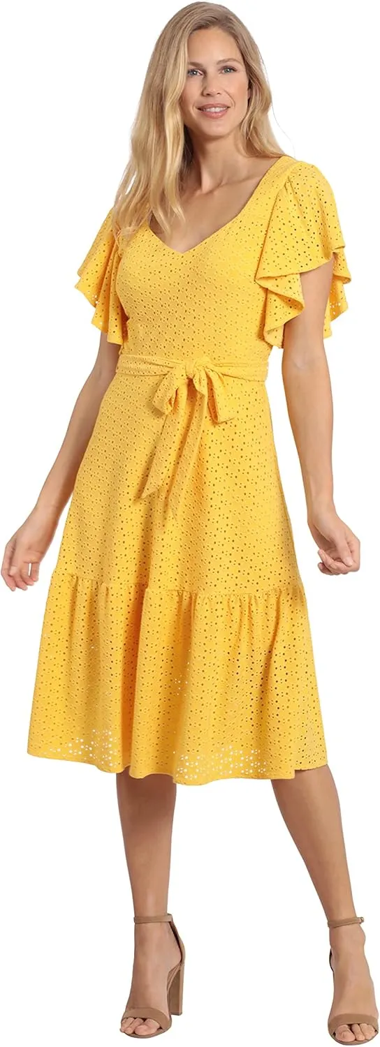 London Times Women's Knit Eyelet Flutter Sleeve Belted Tiered Midi Dress Office Career Garden Party Day Guest of
