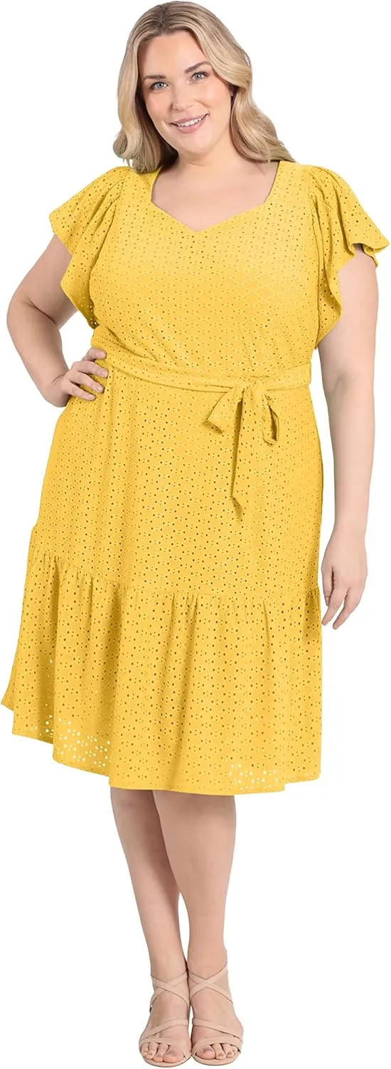 London Times Women's Knit Eyelet Flutter Sleeve Belted Tiered Midi Dress Office Career Garden Party Day Guest of
