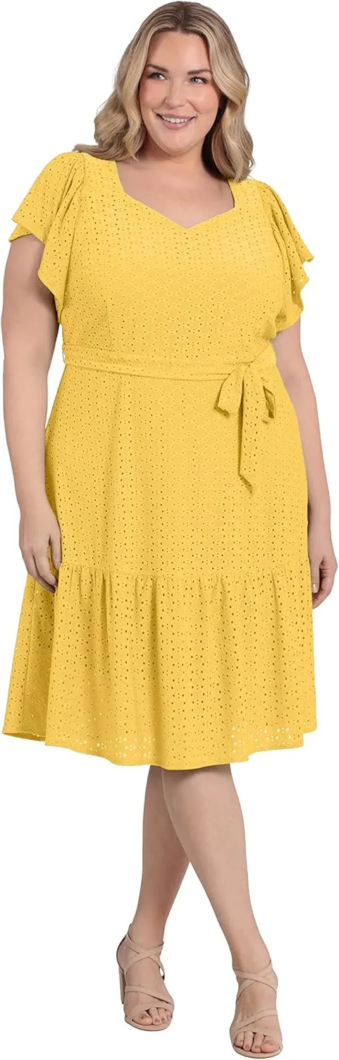 London Times Women's Knit Eyelet Flutter Sleeve Belted Tiered Midi Dress Office Career Garden Party Day Guest of