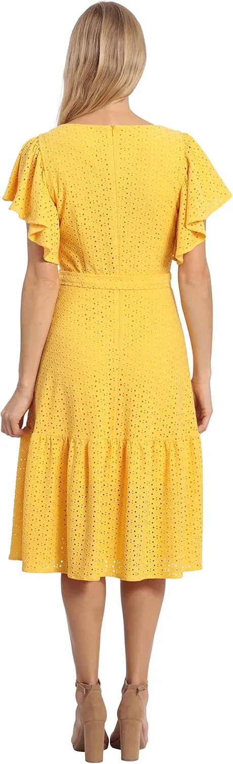 London Times Women's Knit Eyelet Flutter Sleeve Belted Tiered Midi Dress Office Career Garden Party Day Guest of