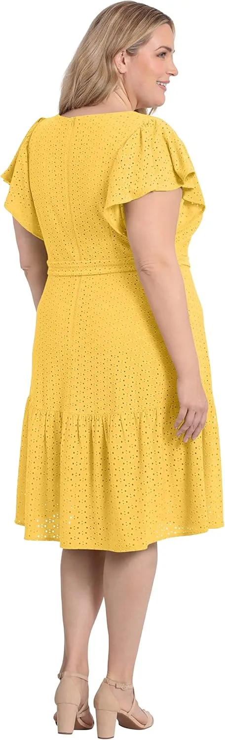 London Times Women's Knit Eyelet Flutter Sleeve Belted Tiered Midi Dress Office Career Garden Party Day Guest of