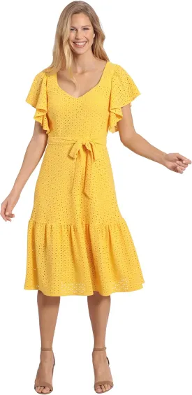 London Times Women's Knit Eyelet Flutter Sleeve Belted Tiered Midi Dress Office Career Garden Party Day Guest of