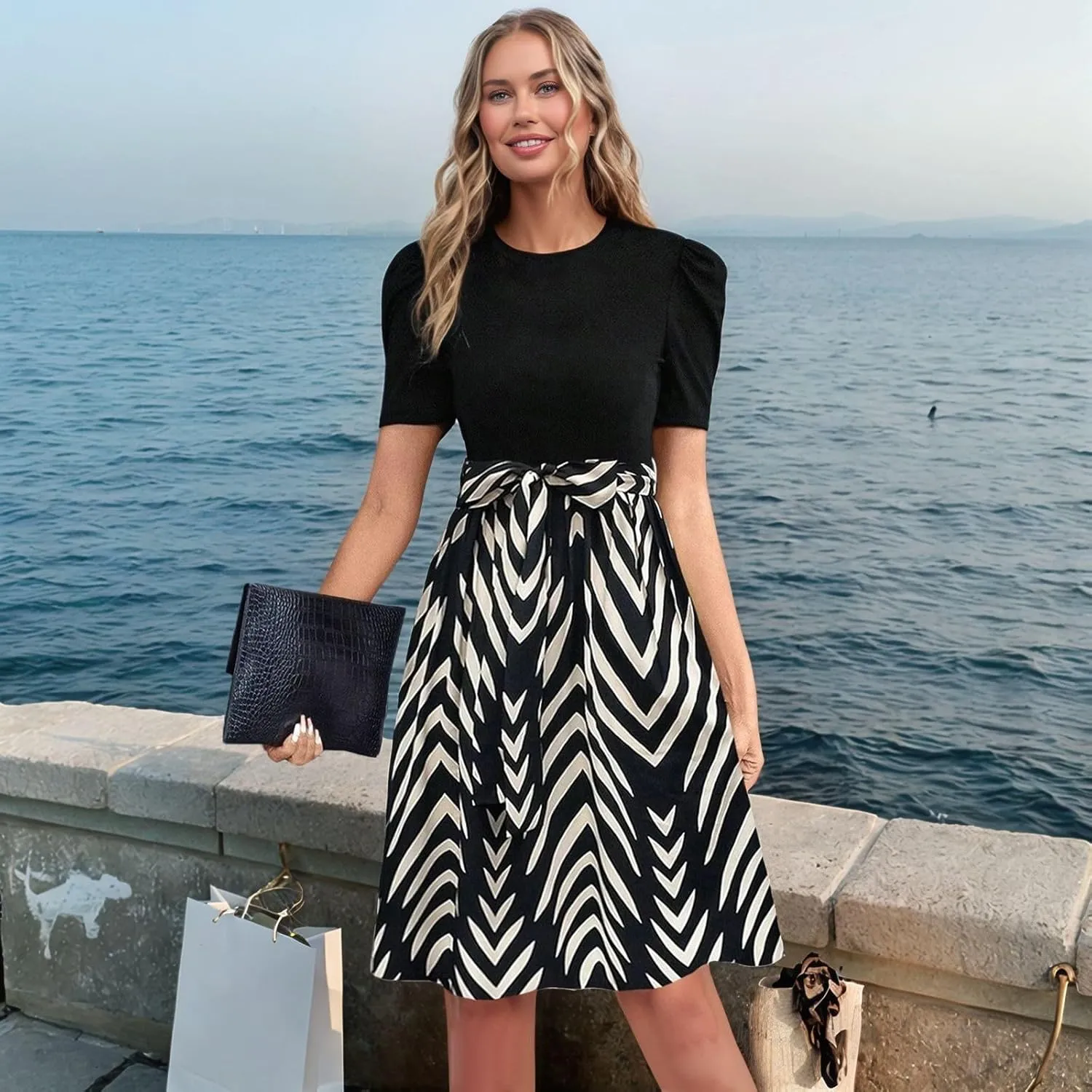 Long Floral Dresses for Women Short Sleeve Elegant Boho Tie Belted Empire Waist Patchwork Modest Flowy Maxi Dress