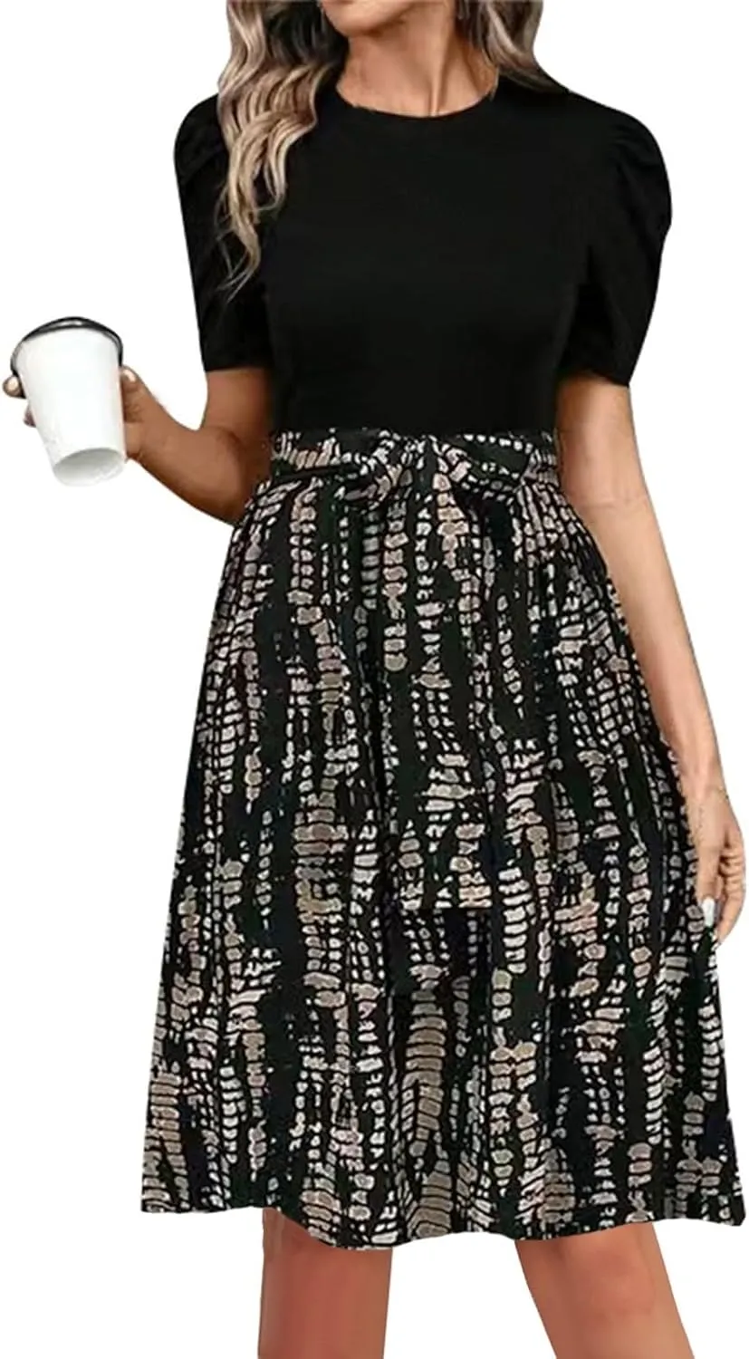 Long Floral Dresses for Women Short Sleeve Elegant Boho Tie Belted Empire Waist Patchwork Modest Flowy Maxi Dress