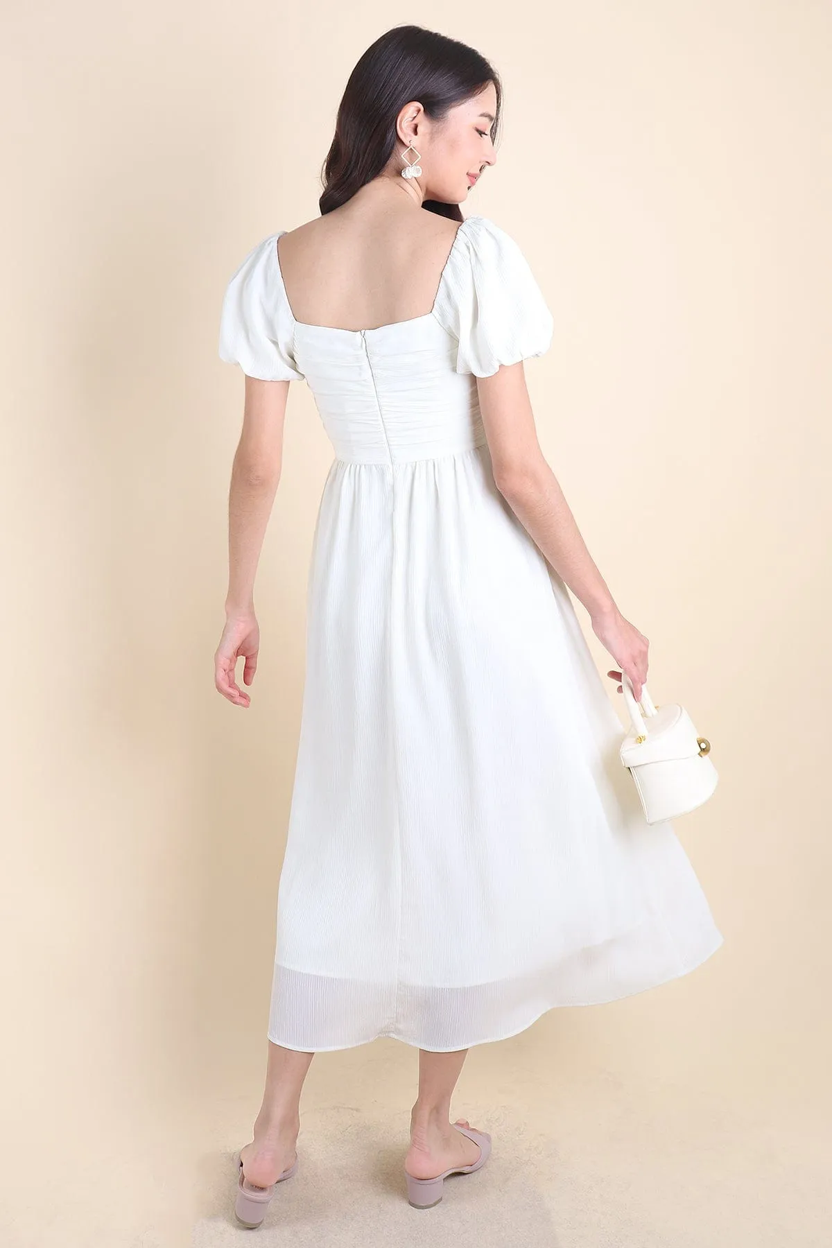 MABEL RUCHED MIDAXI IN CREAMY WHITE