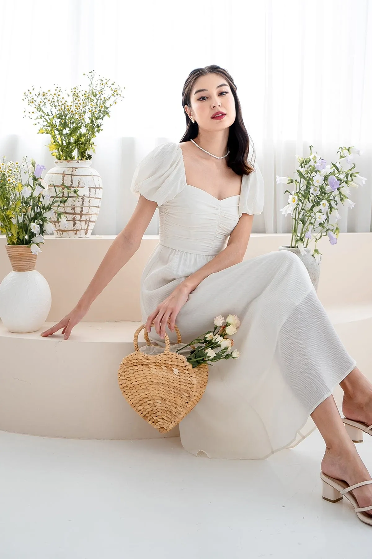 MABEL RUCHED MIDAXI IN CREAMY WHITE