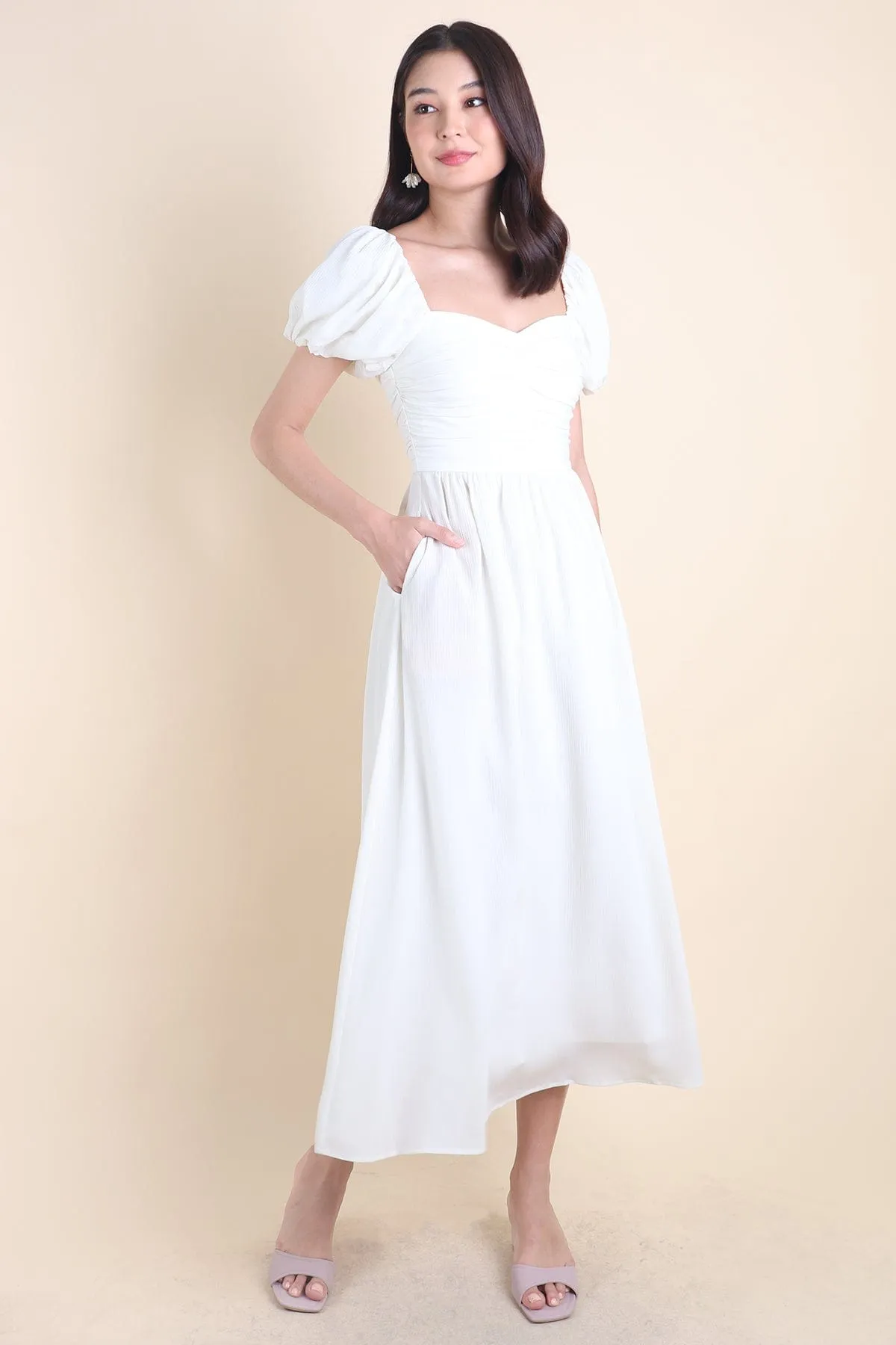 MABEL RUCHED MIDAXI IN CREAMY WHITE