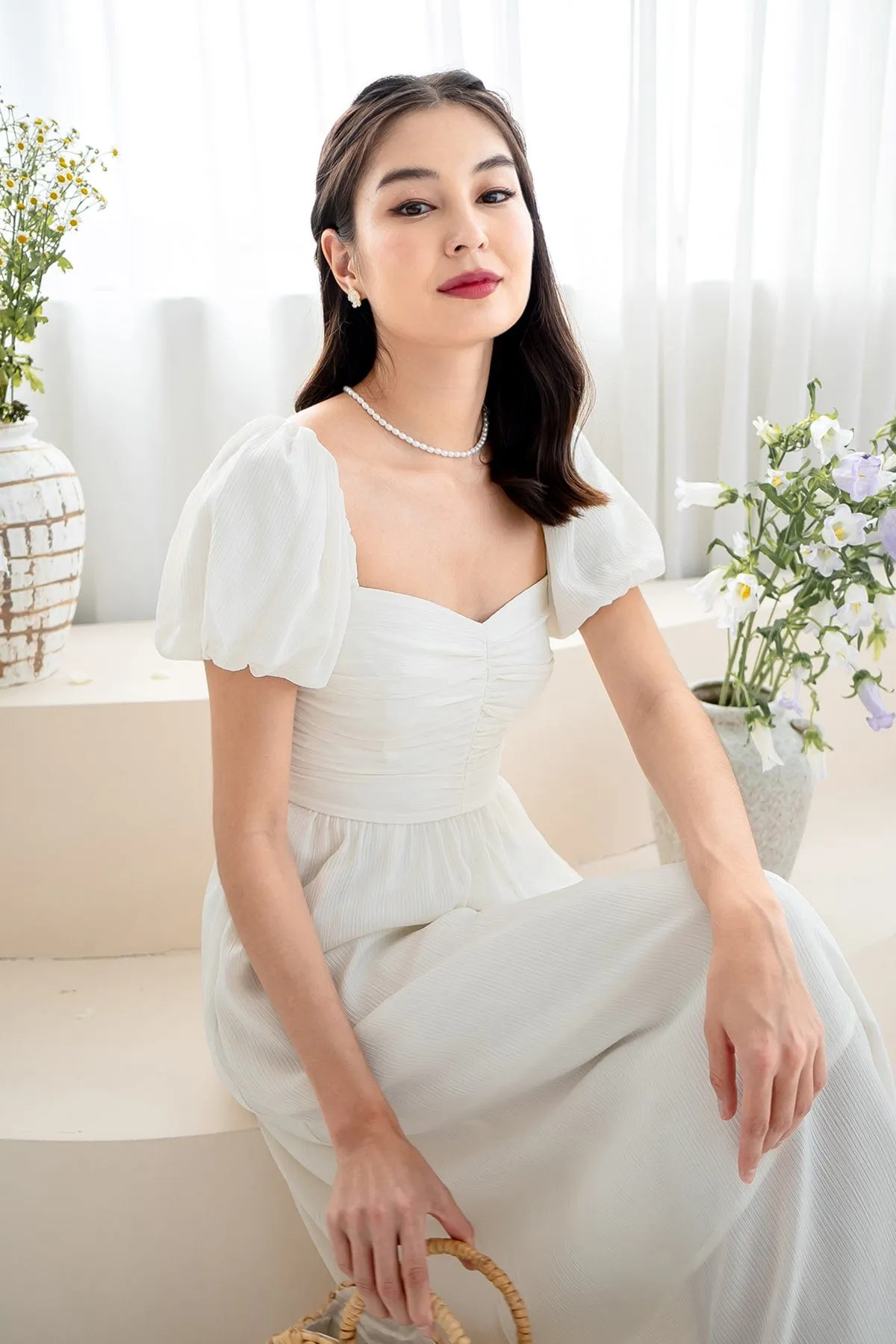 MABEL RUCHED MIDAXI IN CREAMY WHITE
