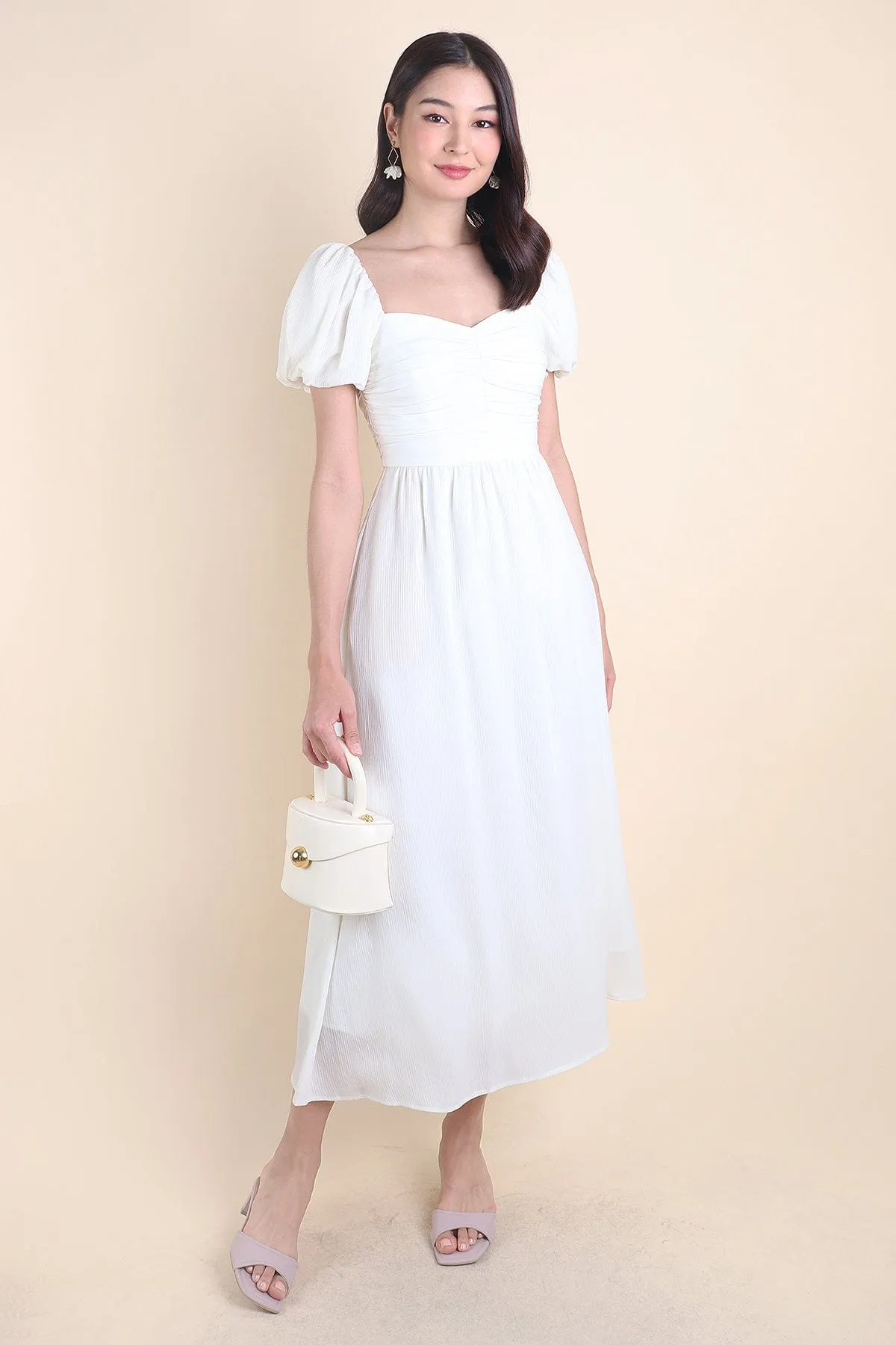 MABEL RUCHED MIDAXI IN CREAMY WHITE