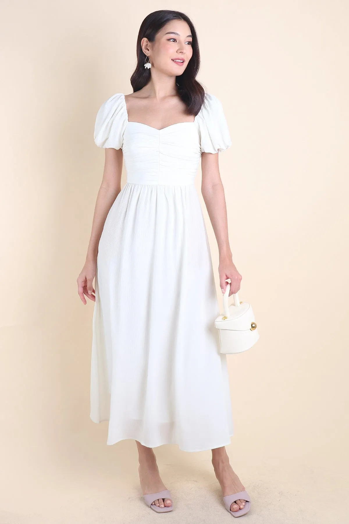 MABEL RUCHED MIDAXI IN CREAMY WHITE