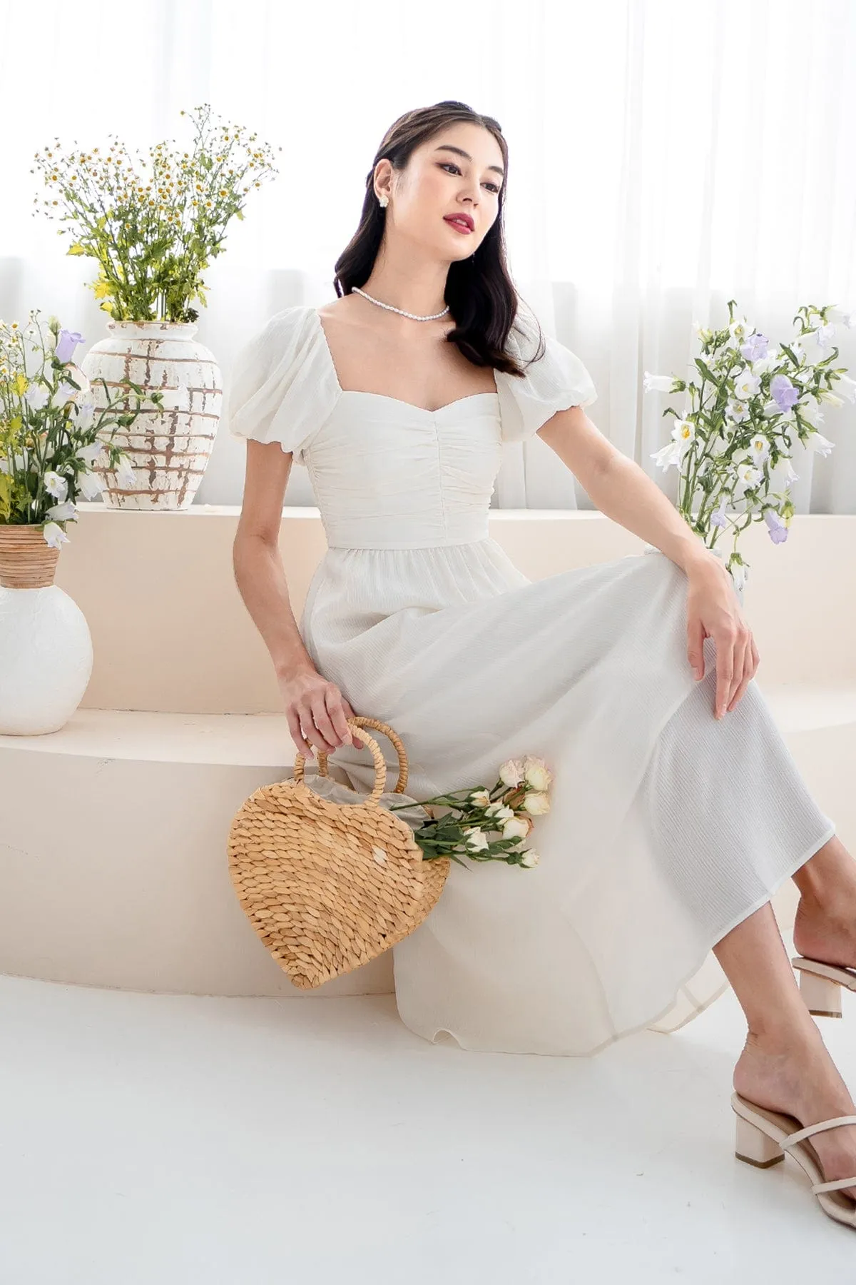 MABEL RUCHED MIDAXI IN CREAMY WHITE
