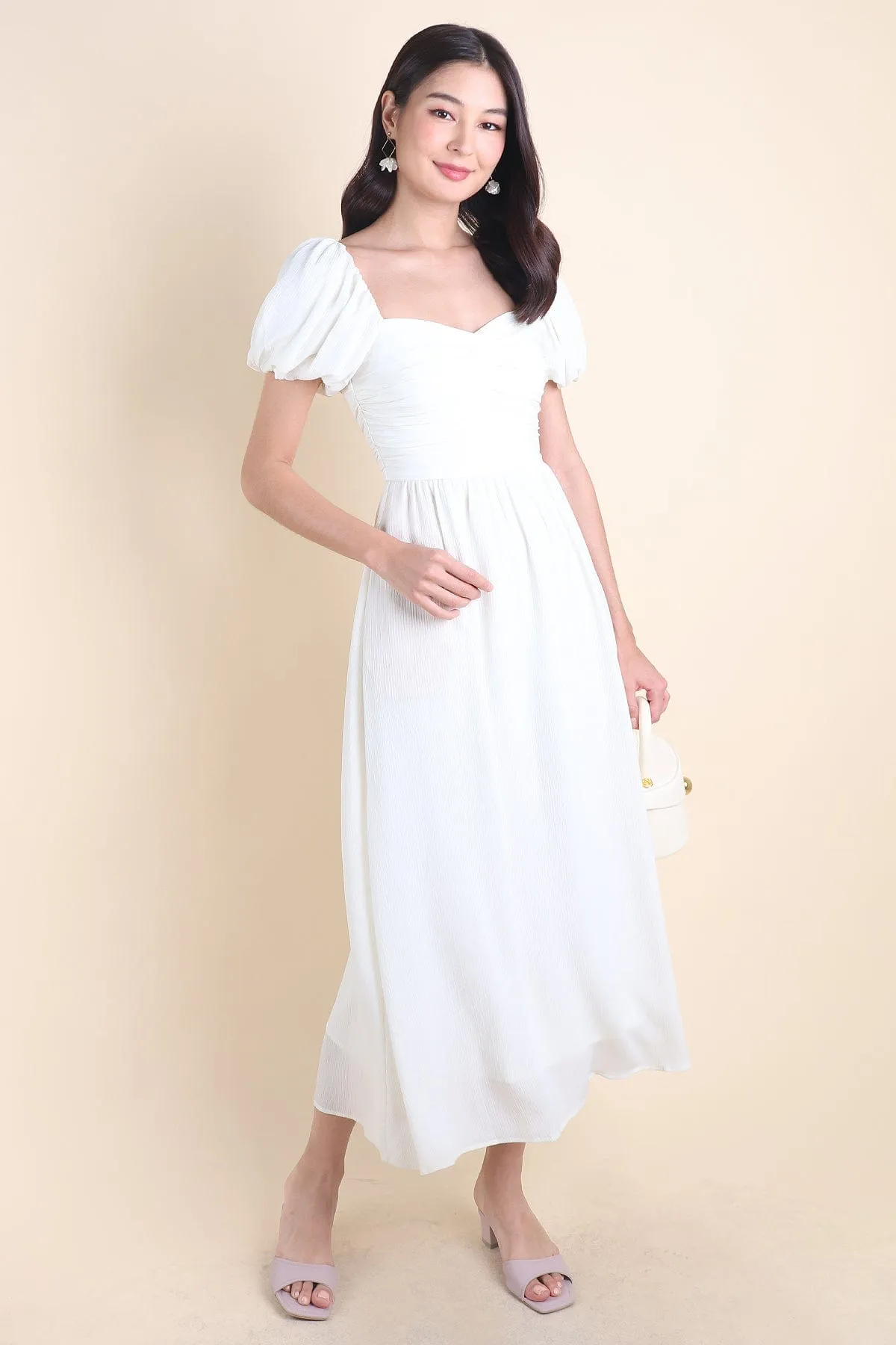MABEL RUCHED MIDAXI IN CREAMY WHITE