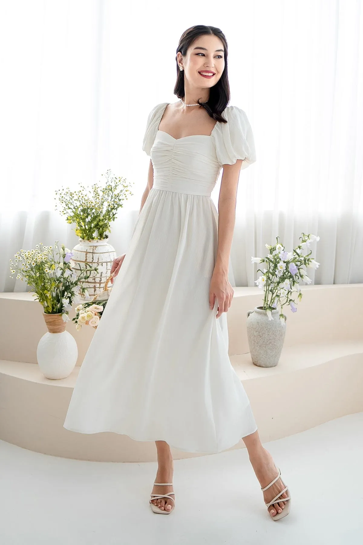 MABEL RUCHED MIDAXI IN CREAMY WHITE