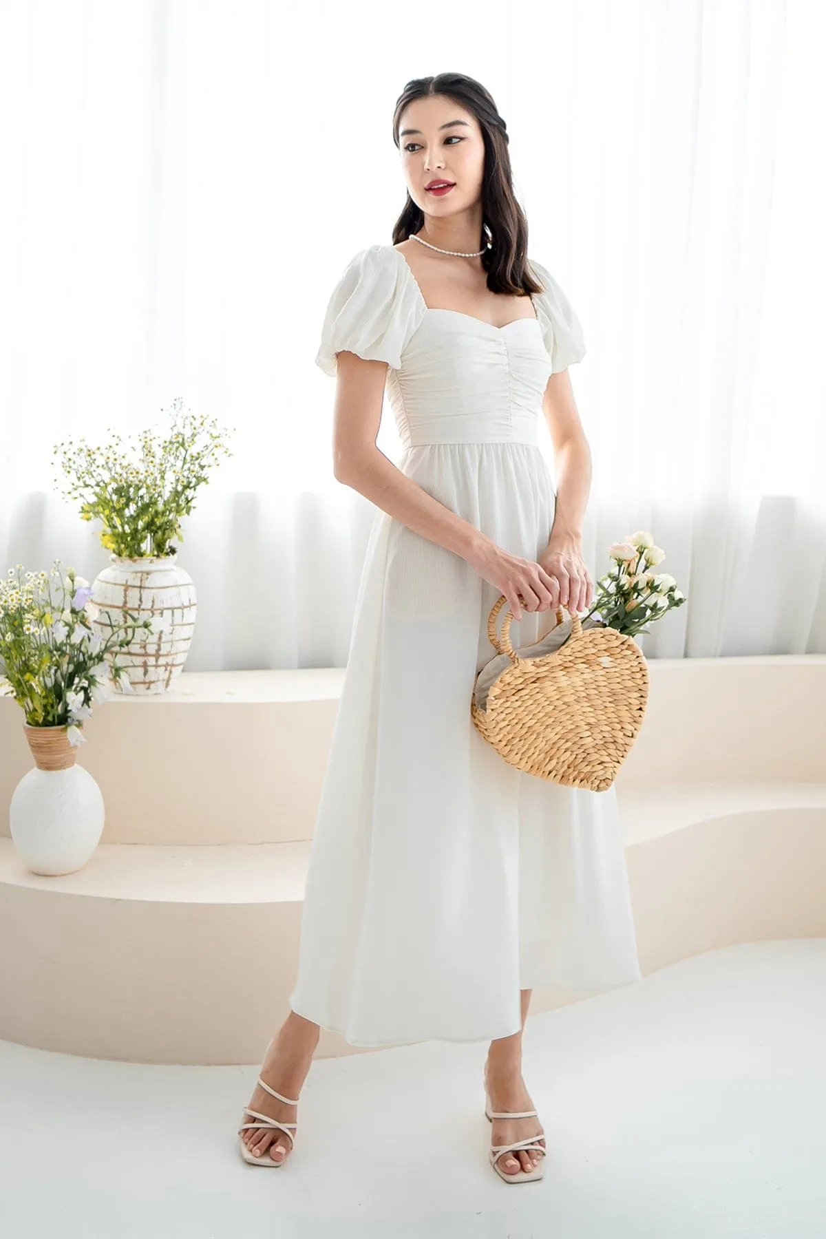 MABEL RUCHED MIDAXI IN CREAMY WHITE