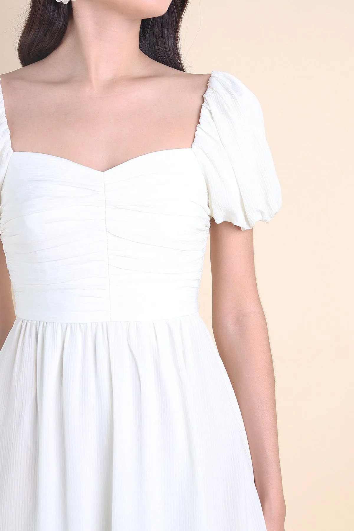 MABEL RUCHED MIDAXI IN CREAMY WHITE