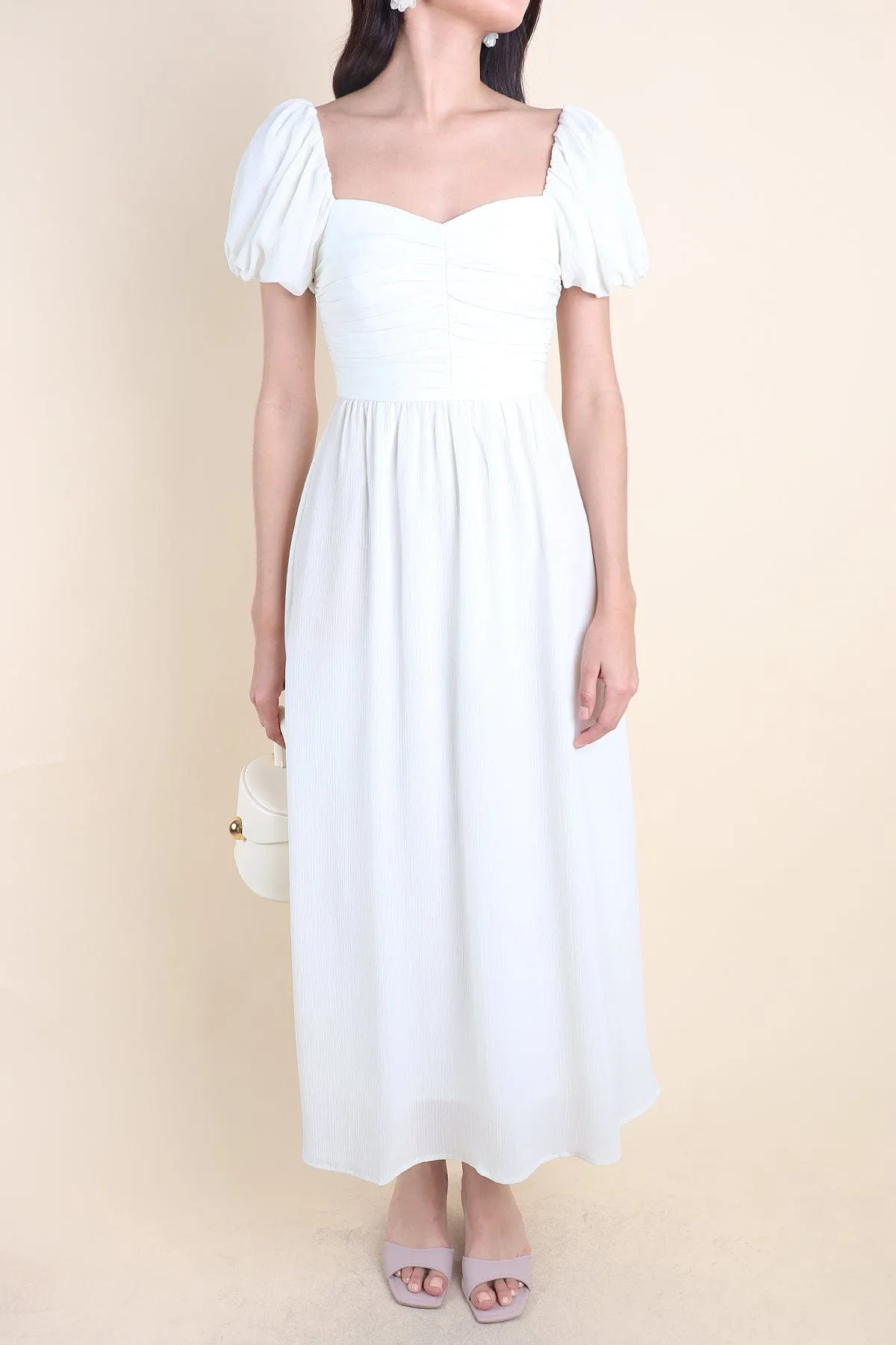 MABEL RUCHED MIDAXI IN CREAMY WHITE