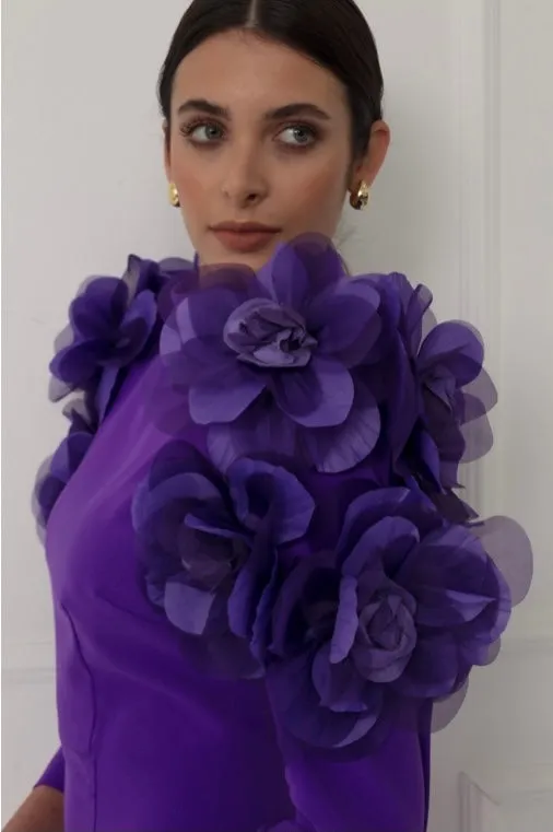 Matilde Cano Purple Fleur Shoulder Occasion Dress