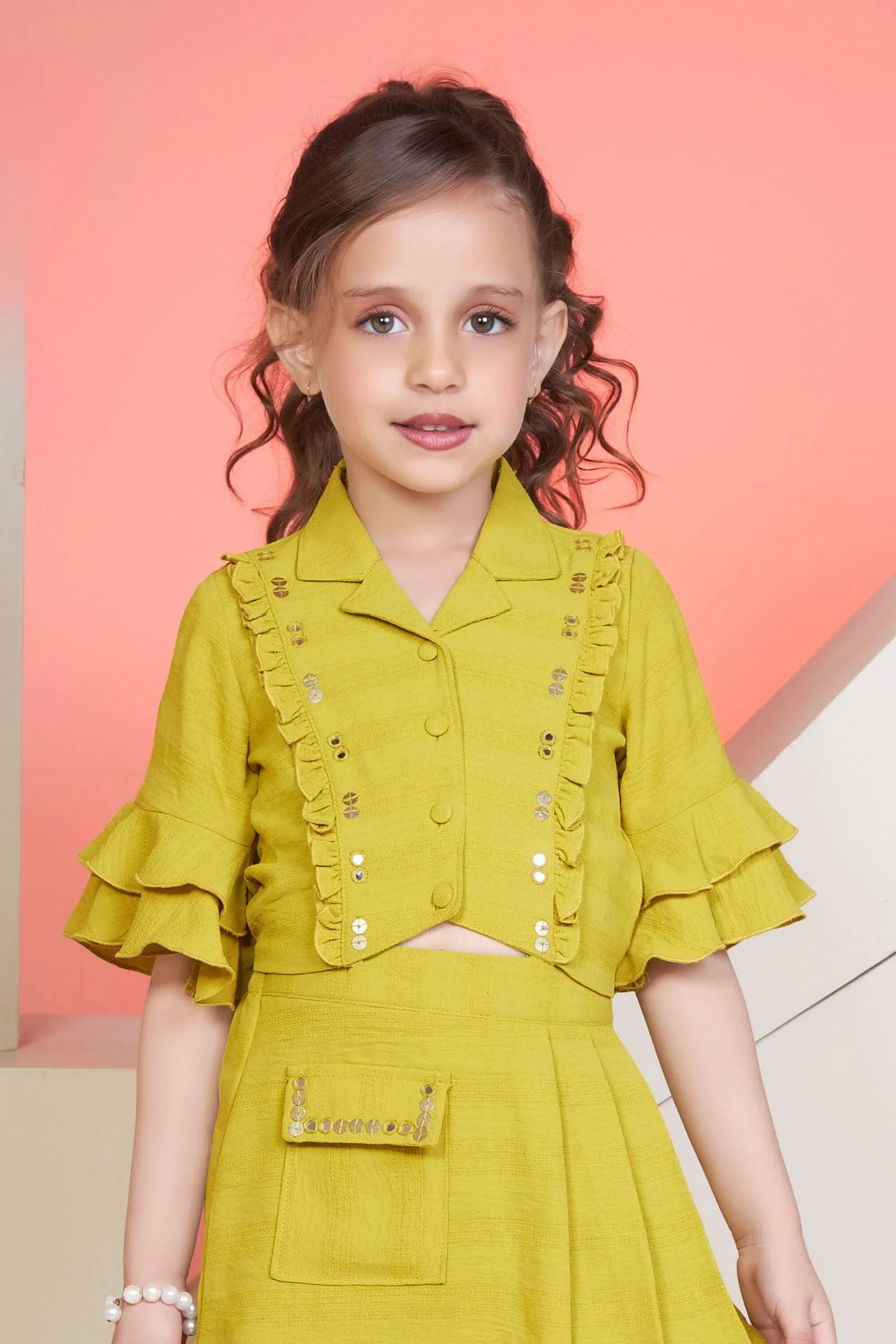 Mehendi Green Top and Divider Skirt for Girls