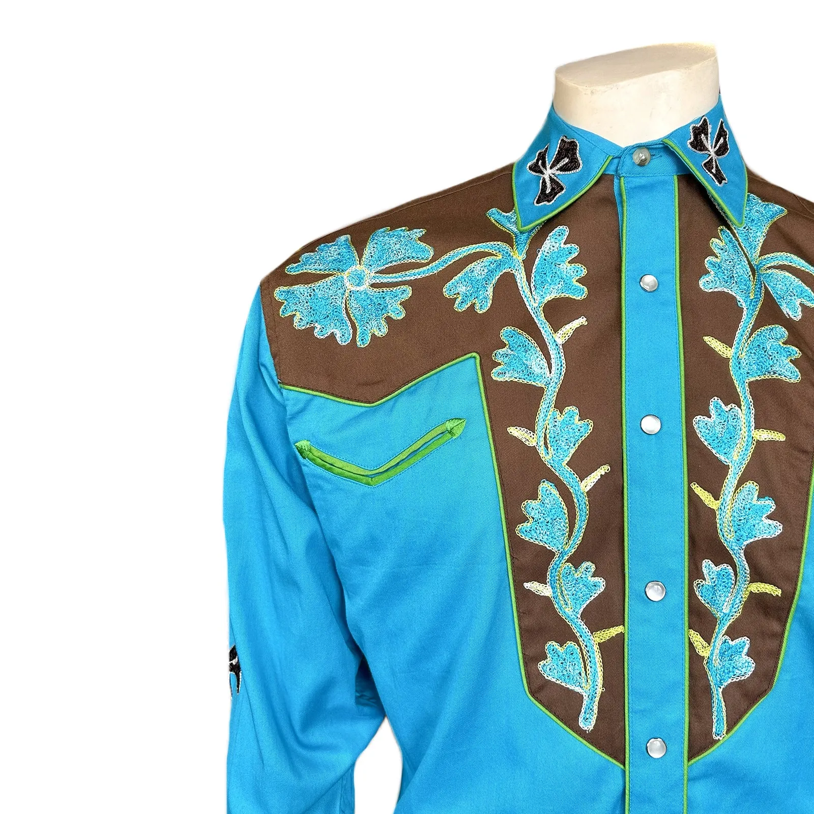 Men's Floral 2-Tone Brown & Turquoise Embroidered Western Shirt