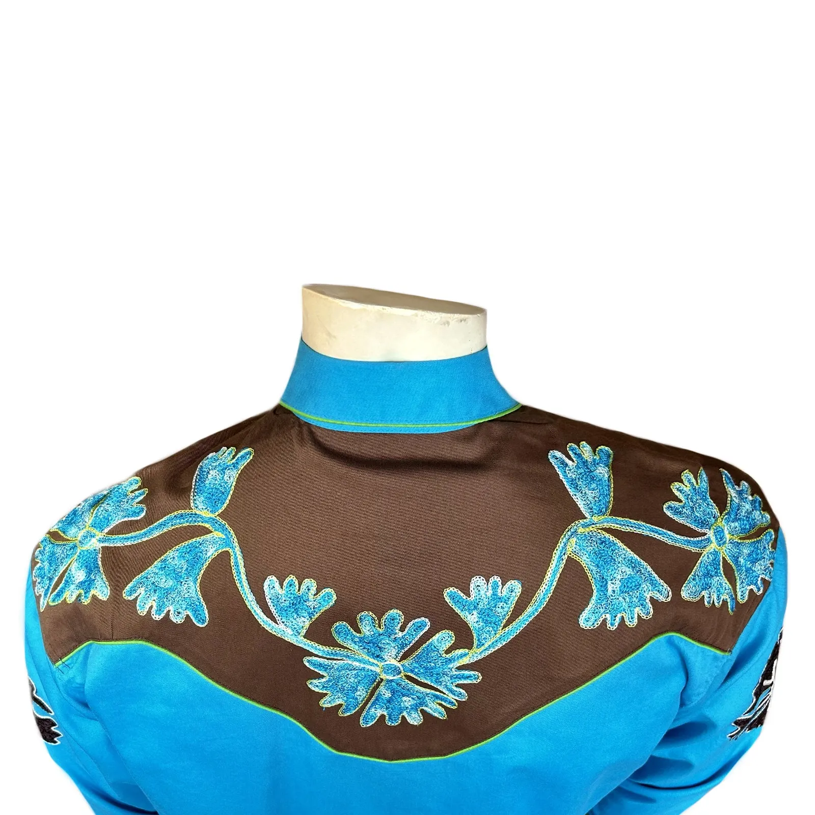 Men's Floral 2-Tone Brown & Turquoise Embroidered Western Shirt