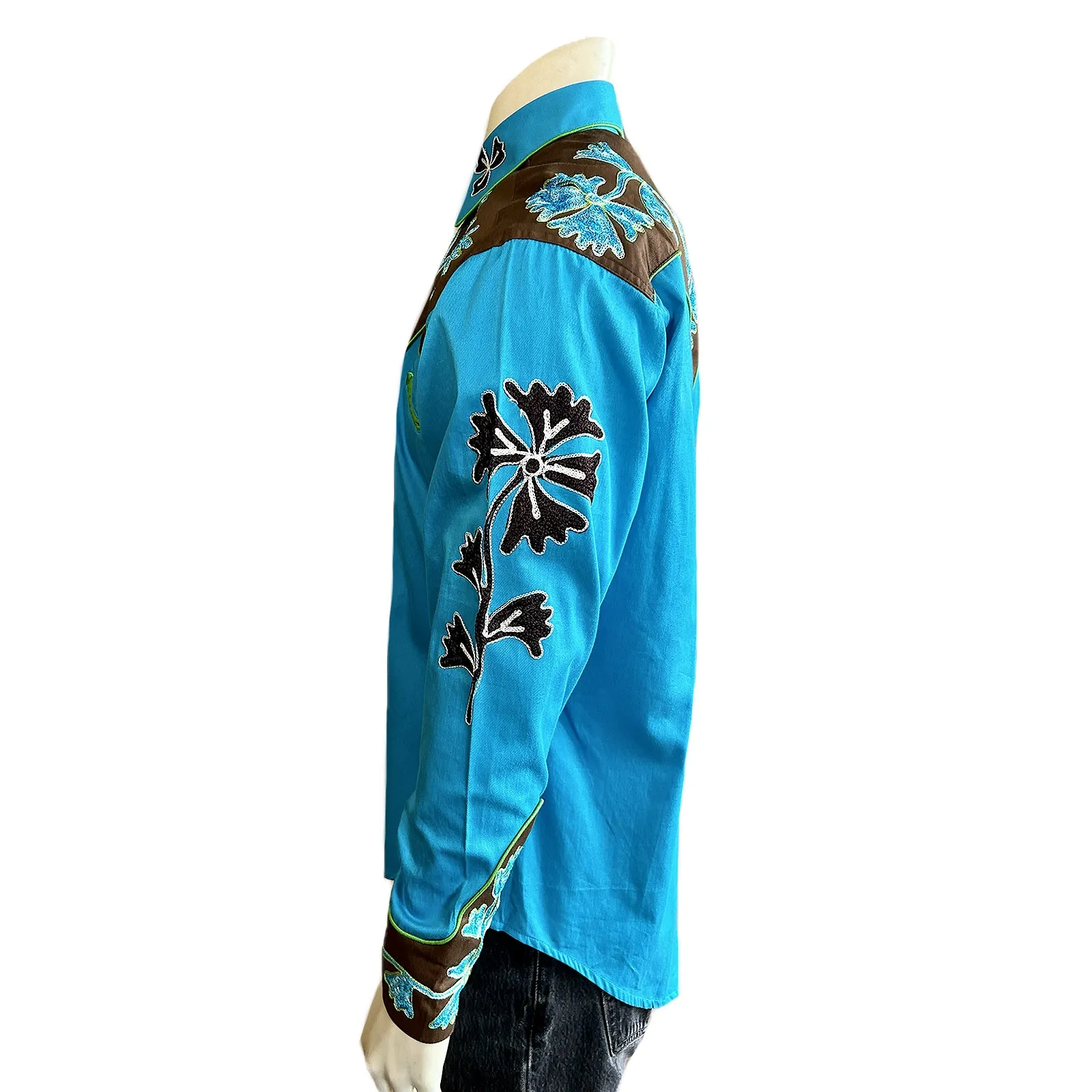 Men's Floral 2-Tone Brown & Turquoise Embroidered Western Shirt