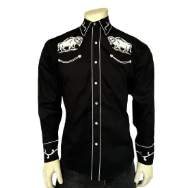 Men's Vintage American Bison Embroidery Black Western Shirt