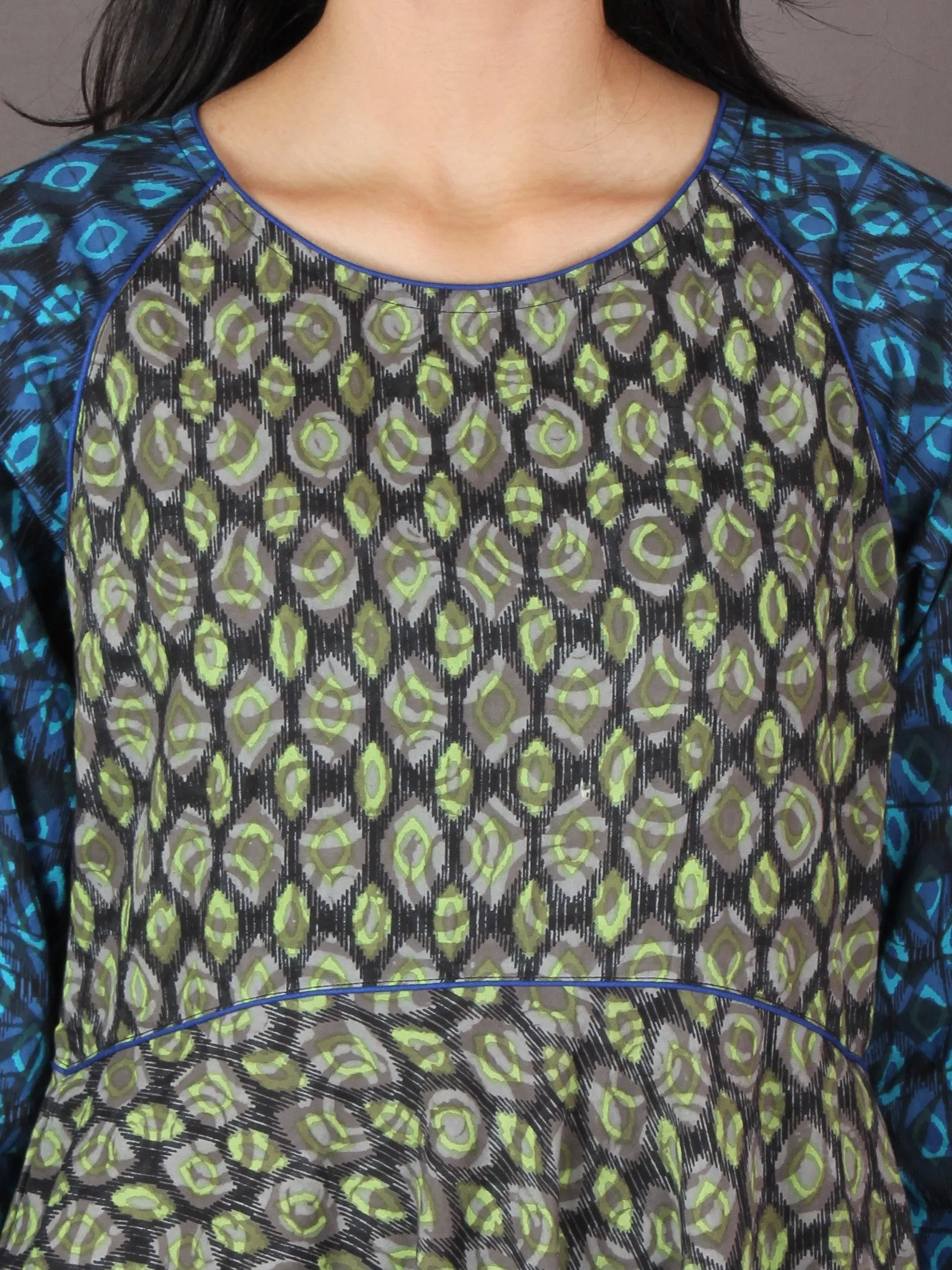 Mint Green Blue Grey Hand Block Printed Long Cotton Dress With Gather - D0641307