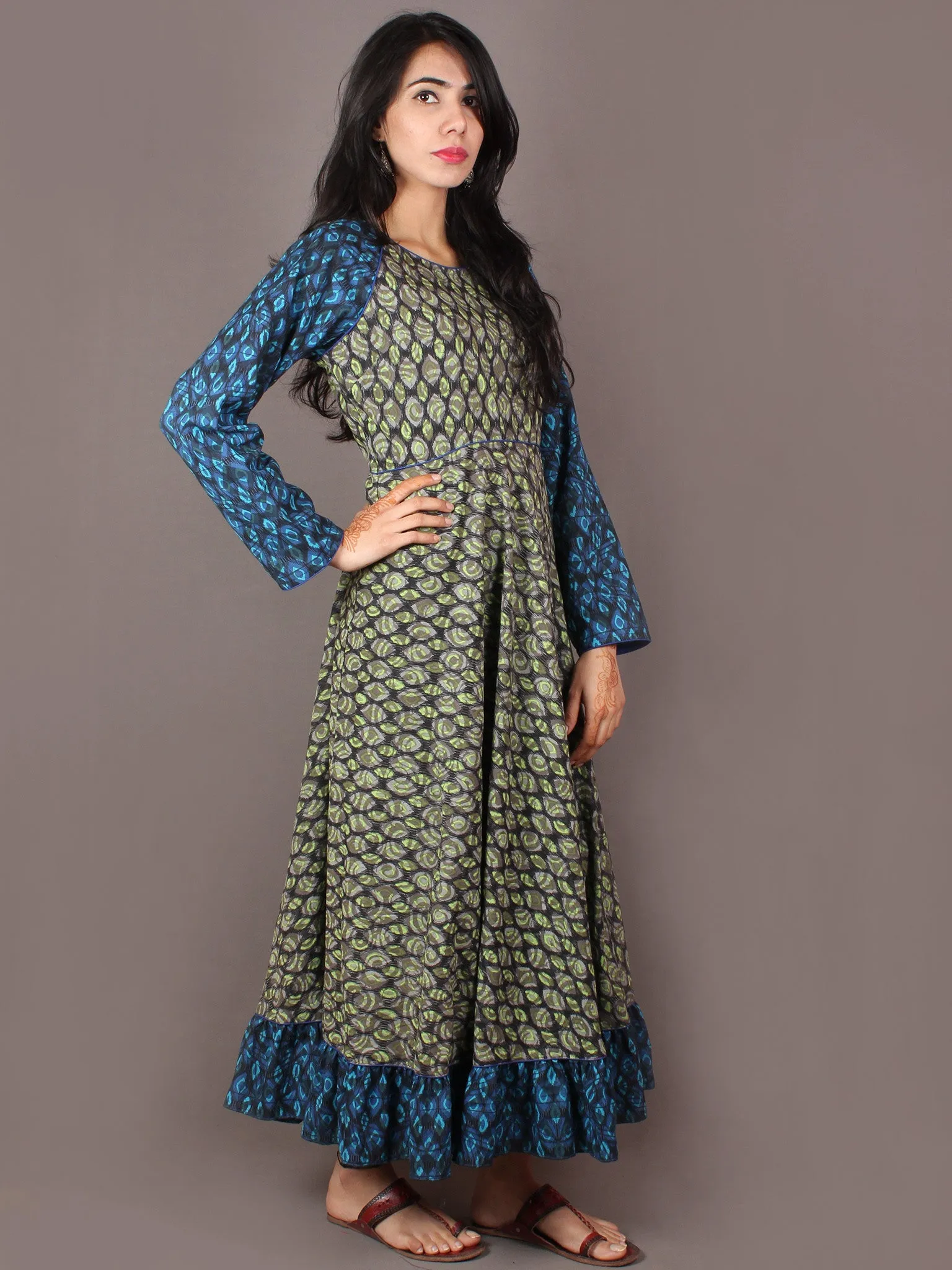 Mint Green Blue Grey Hand Block Printed Long Cotton Dress With Gather - D0641307