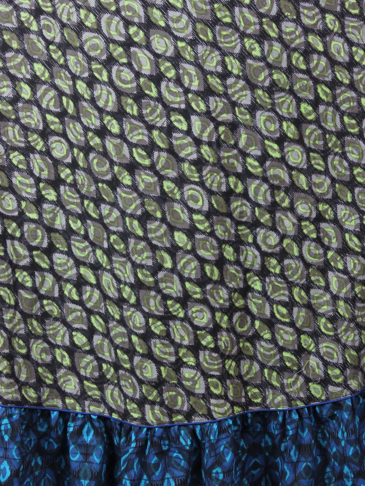 Mint Green Blue Grey Hand Block Printed Long Cotton Dress With Gather - D0641307