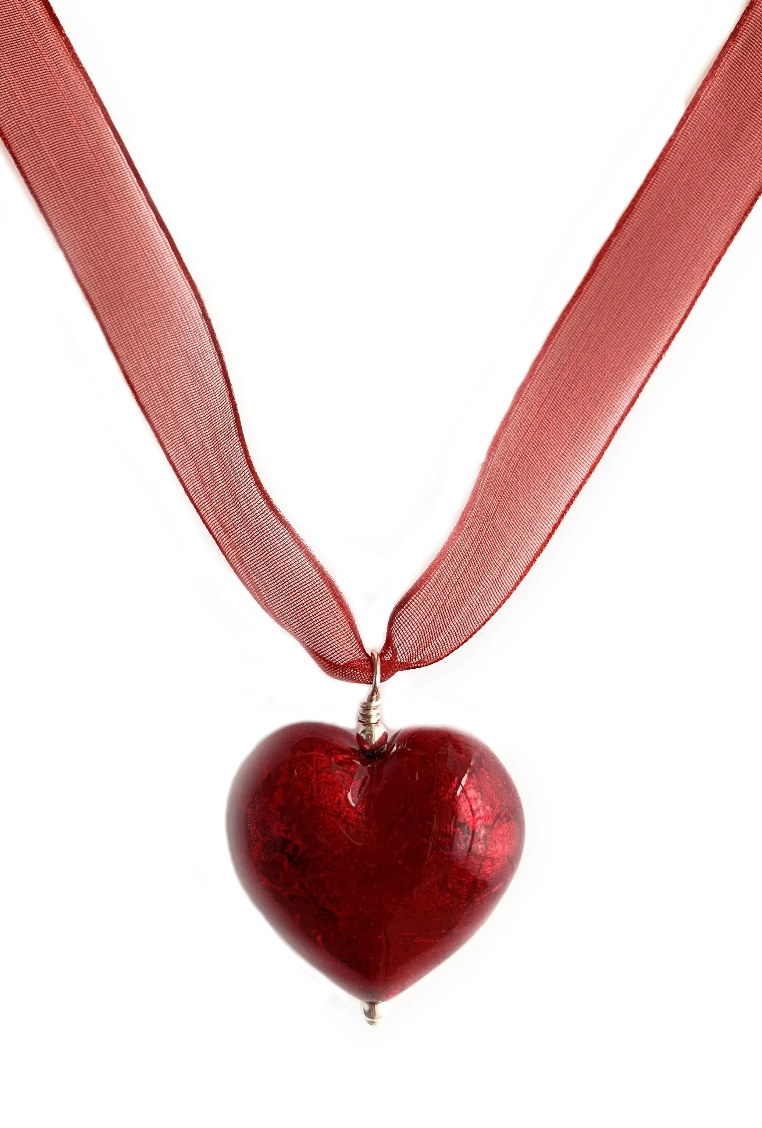 Large Red Murano Glass Heart Pendant Necklace on Organza Ribbon