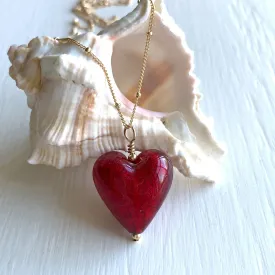 Necklace with red Murano glass medium heart pendant on gold chain
