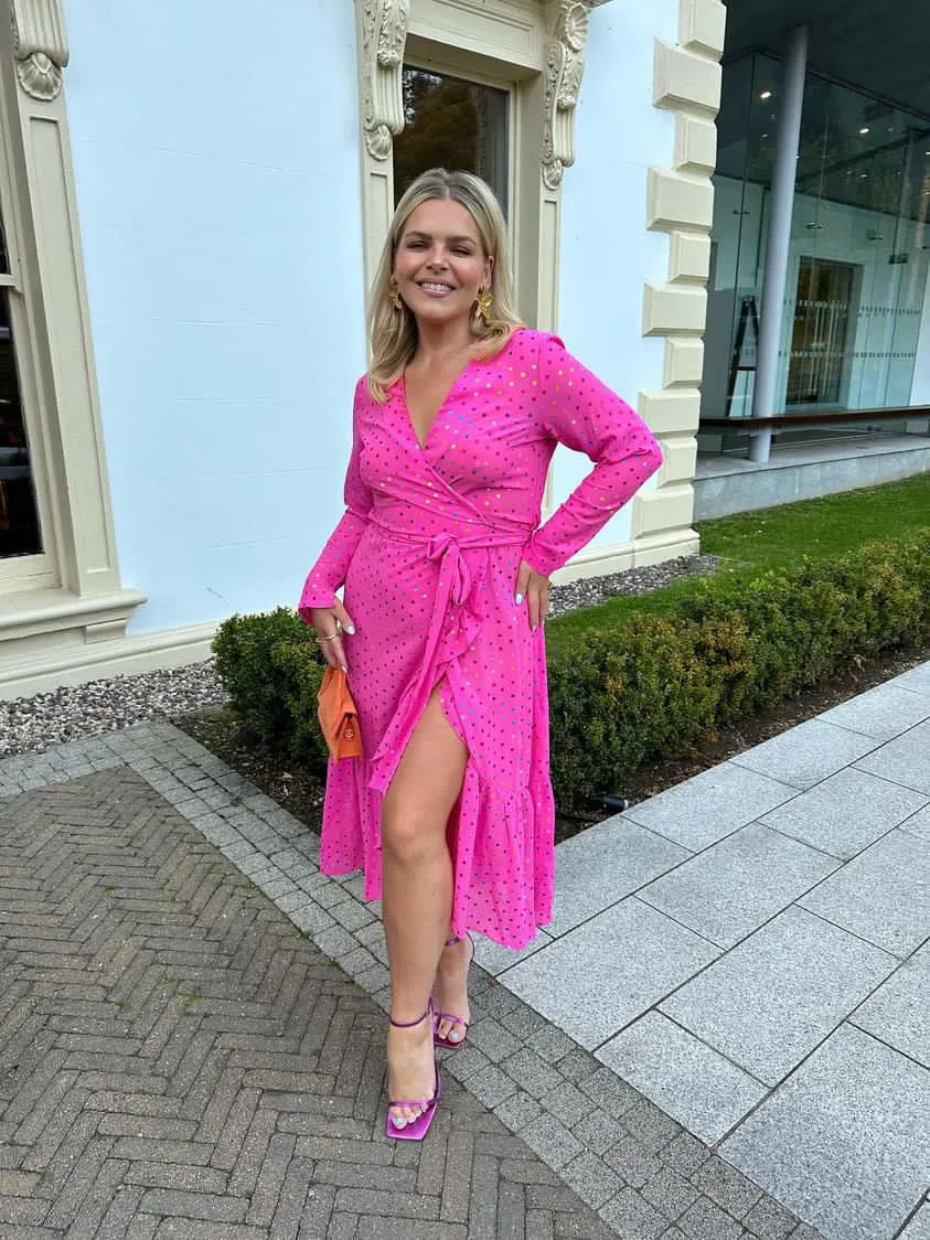 Never Fully Dressed Pink Mirror Wrap Dress