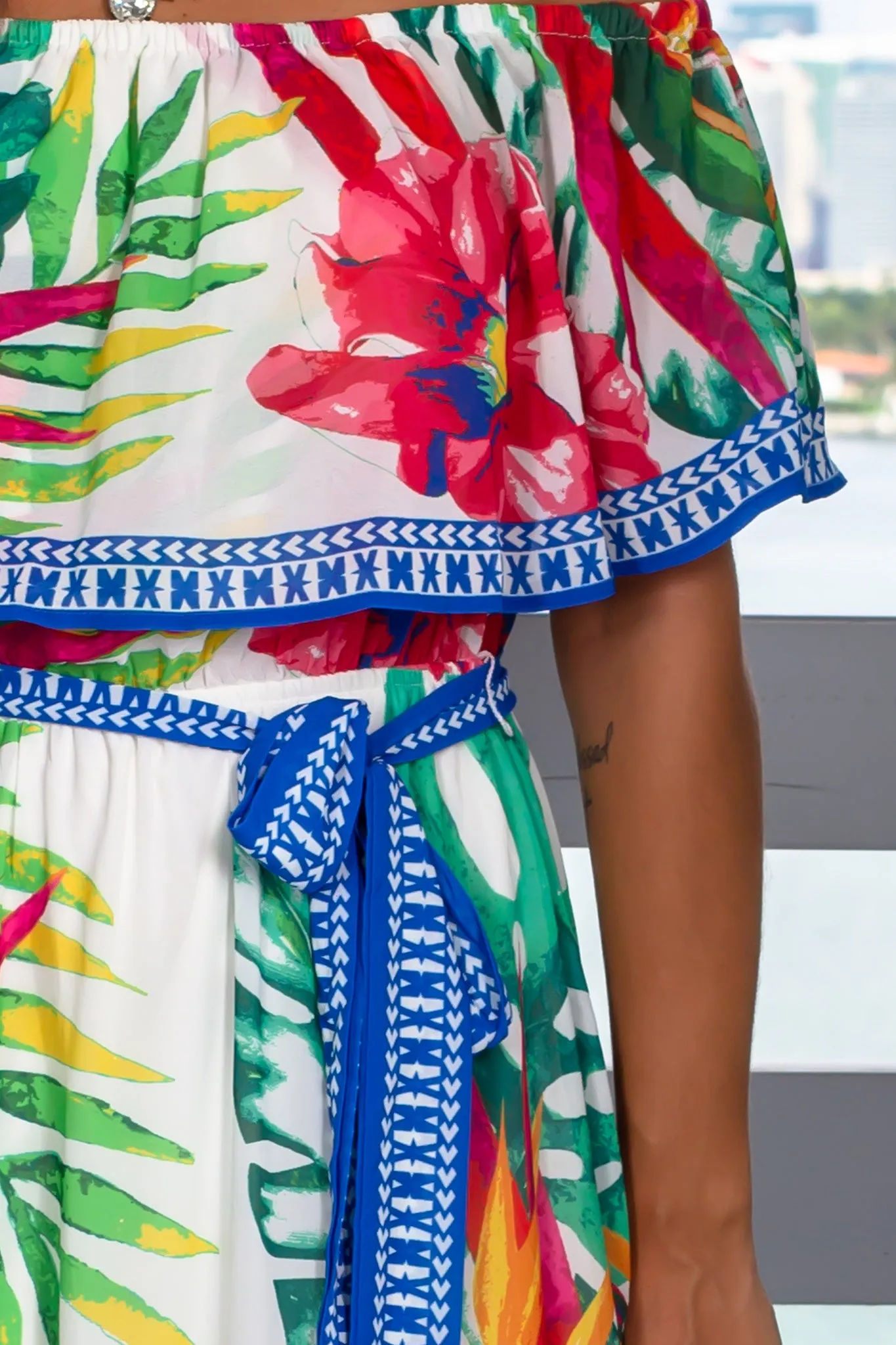 Off White Tropical Printed Maxi Dress