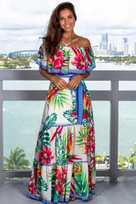 Off White Tropical Printed Maxi Dress