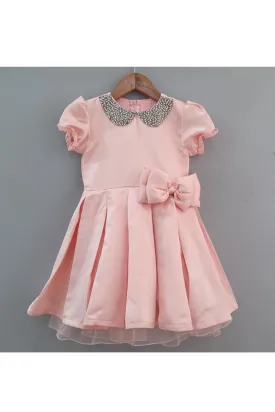 Peach Pearl Embroidered Pleated Dress