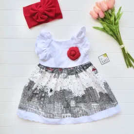 Periwinkle Dress in White Linen & Skyline Red Print
