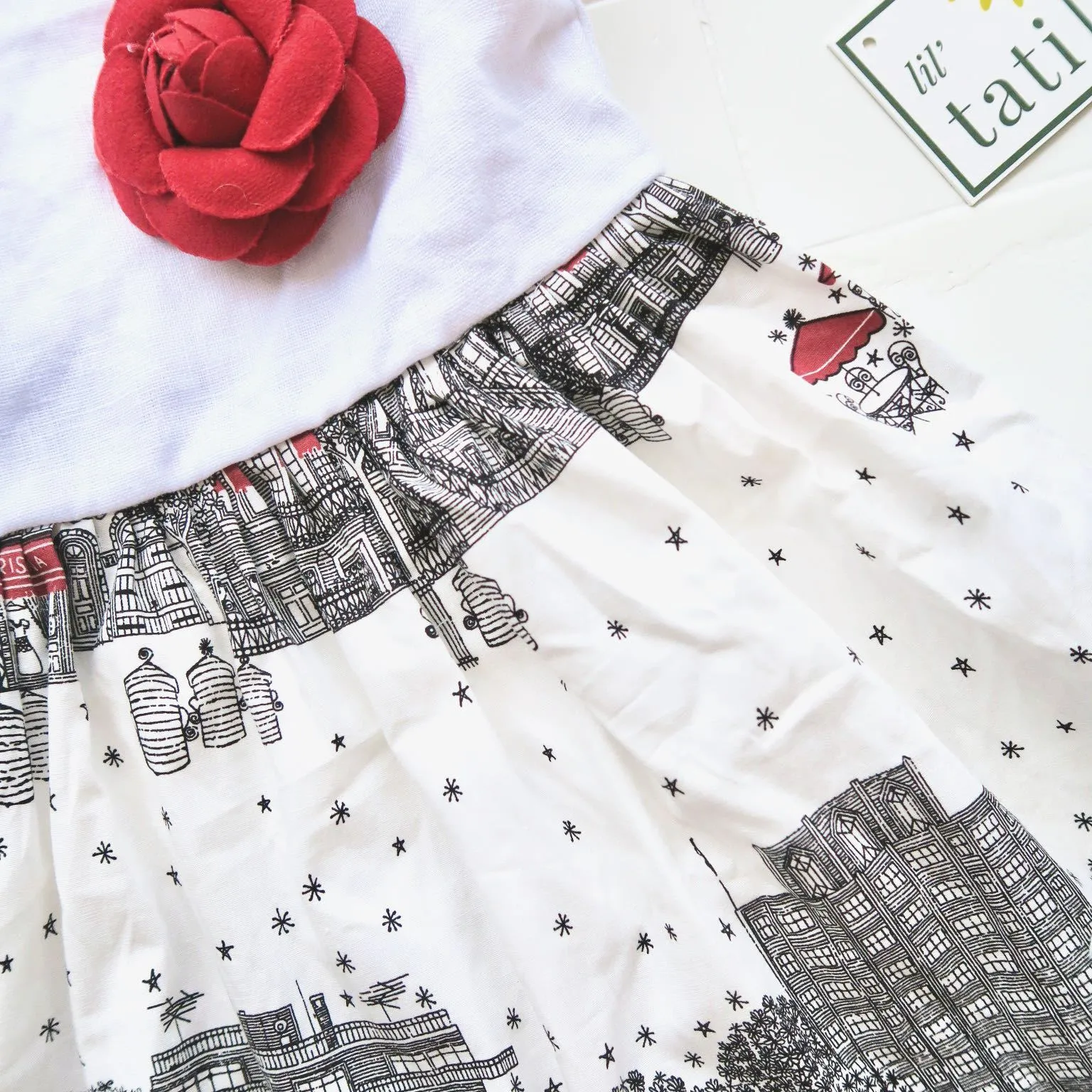 Periwinkle Dress in White Linen & Skyline Red Print
