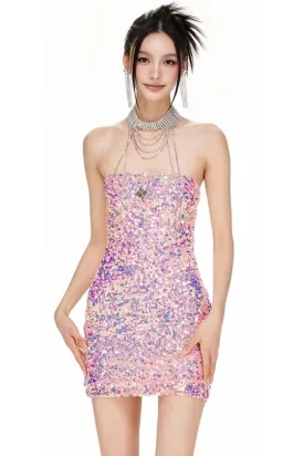 Pink Birthday Party Sequin Mini Dress with Cross Design