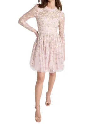 Chic Pink Long Sleeve Mini Dress with Wildflower Ditsy Print