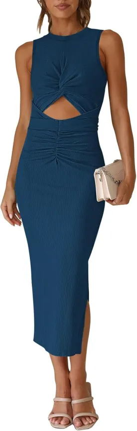 Pink Queen Women's Crew Neck Sleeveless Cutout Twist Ruched Slit Tie Back Ribbed Bodycon Midi Dress