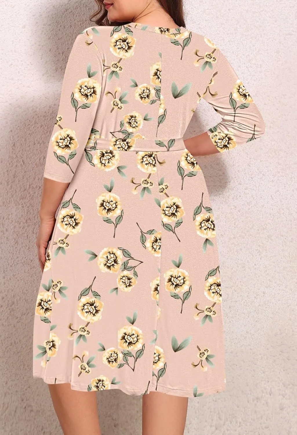 Pink Queen Womens Plus Size Dresses Casual Floral 3/4 Sleeve Wrap Dress Boho Party