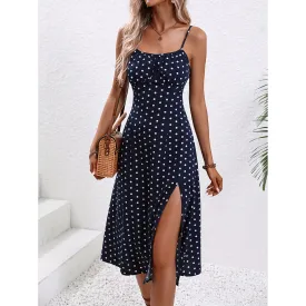 Polka Dot Print Suspender Dress Slit Long Dresses