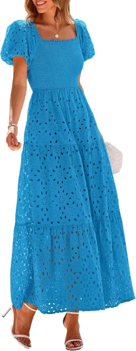 PRETTYGARDEN Summer Dresses for Women 2025 Eyelet Square Neck Puff Sleeve Smocked Wedding Guest Maxi Dress with Pockets