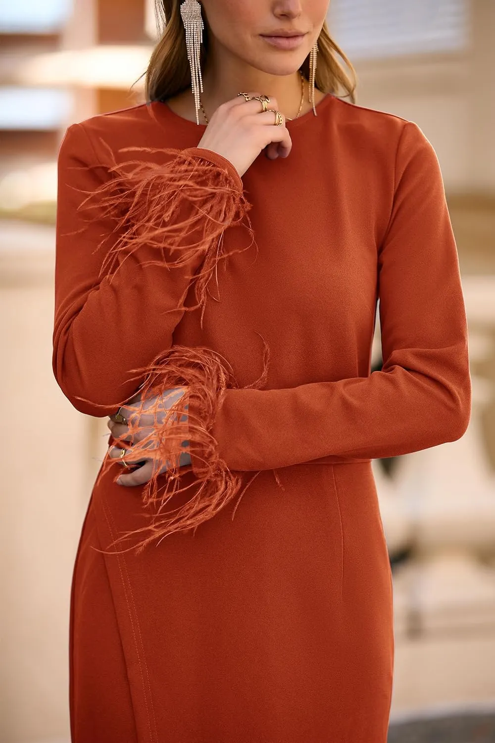 PRETTYGARDEN Women's 2025 Fall Long Sleeve Dress Formal Midi Bodycon Wrap Slit Feather Elegant Wedding Guest Cocktail Dresses