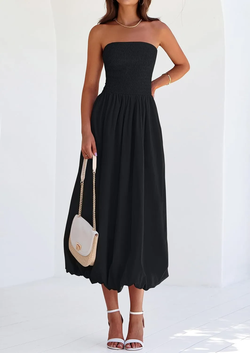 PRETTYGARDEN Women's 2025 Summer Strapless Tube Midi Dress Smocked A Line Bubble Long Flowy Casual Elegant Party Dresses