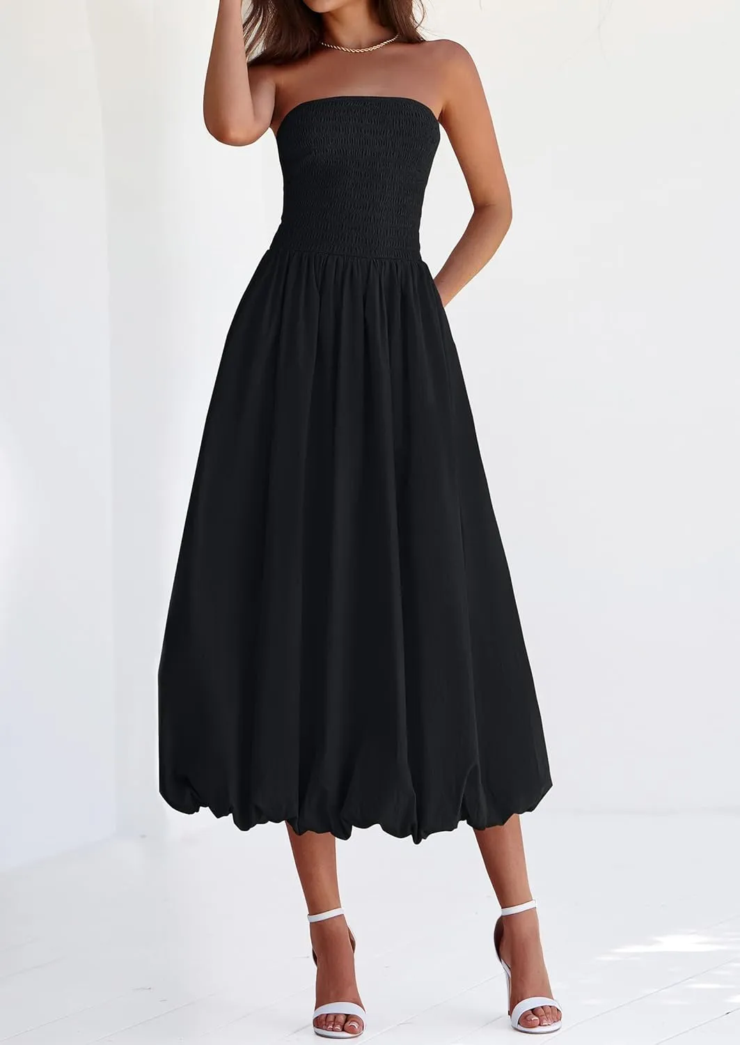 PRETTYGARDEN Women's 2025 Summer Strapless Tube Midi Dress Smocked A Line Bubble Long Flowy Casual Elegant Party Dresses