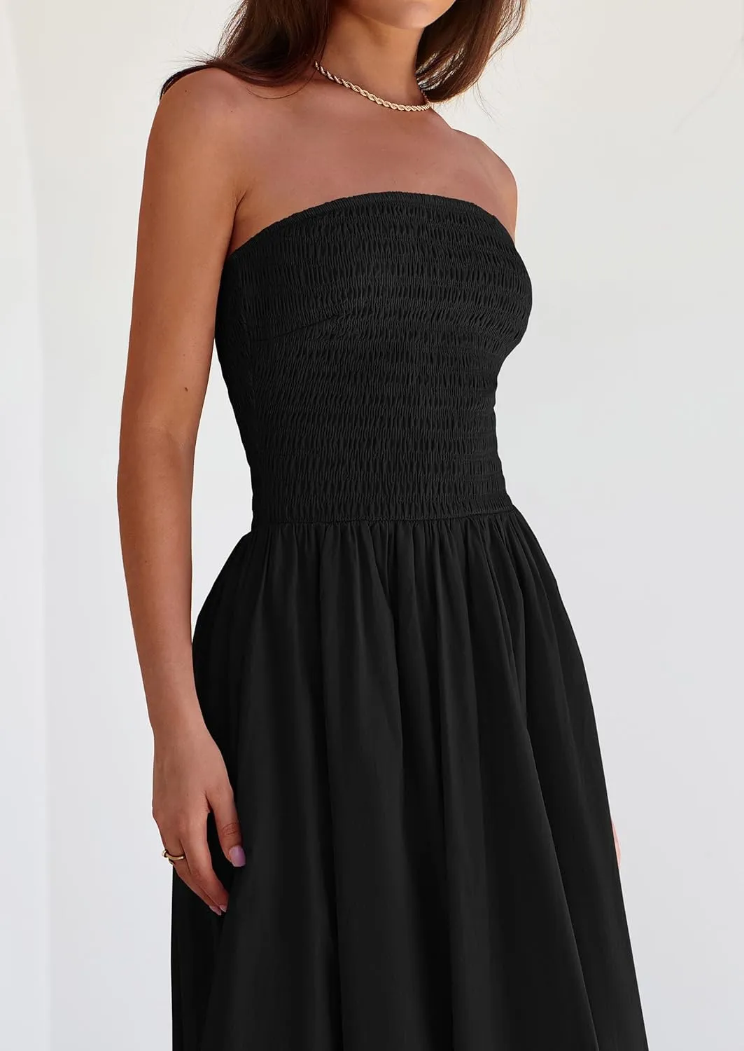 PRETTYGARDEN Women's 2025 Summer Strapless Tube Midi Dress Smocked A Line Bubble Long Flowy Casual Elegant Party Dresses